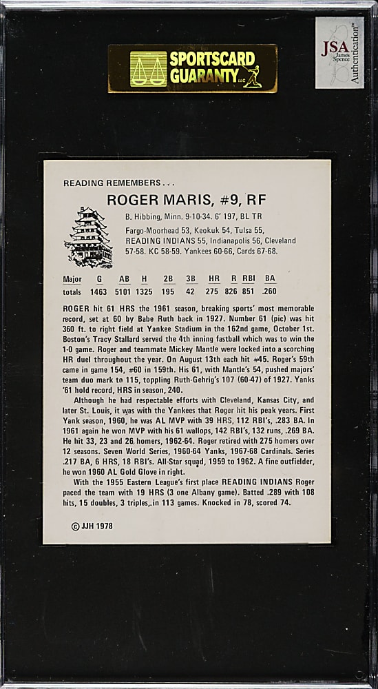 Signed 1978 JJH Reading #9 Roger Maris - SGC/JSA