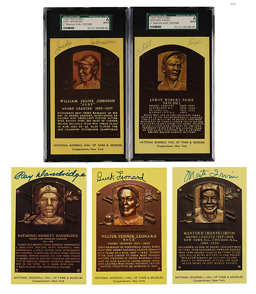 Negro League Greats Signed Yellow Hall of Fame Postcard Collection (5) Including Satchel Paige and Monte Irvin