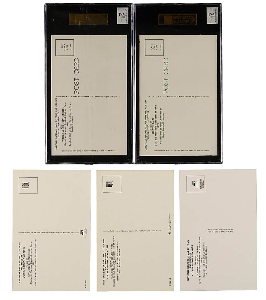 Negro League Greats Signed Yellow Hall of Fame Postcard Collection (5) Including Satchel Paige and Monte Irvin