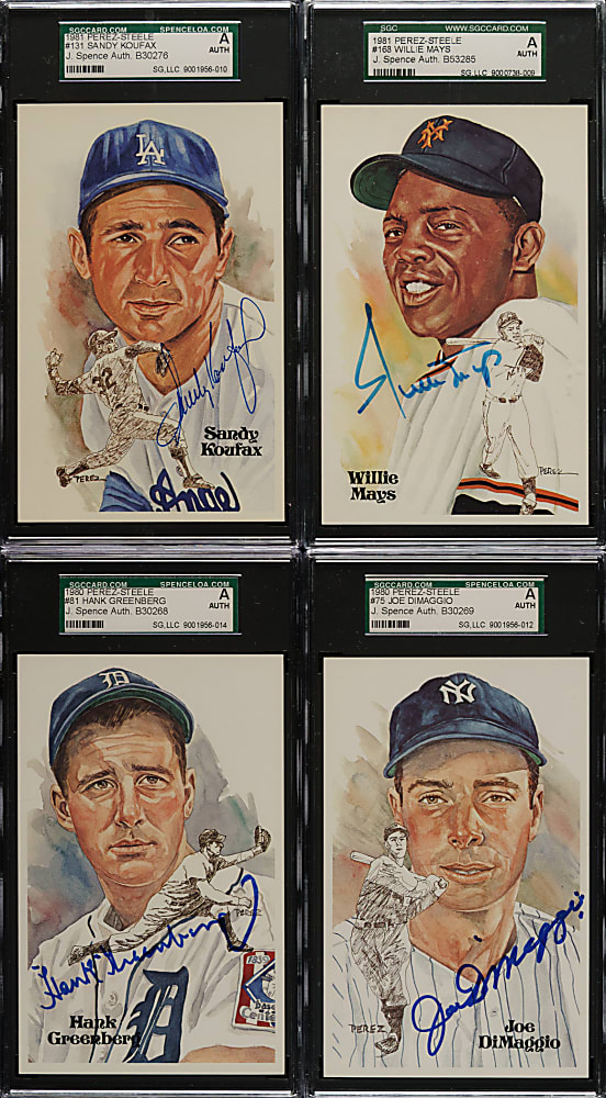 Signed 1980 to 1989 Perez-Steele Hall of Fame Postcard Collection (19) Including DiMaggio, Koufax, Mays, and Greenberg - All SGC/JSA Encapsulated!