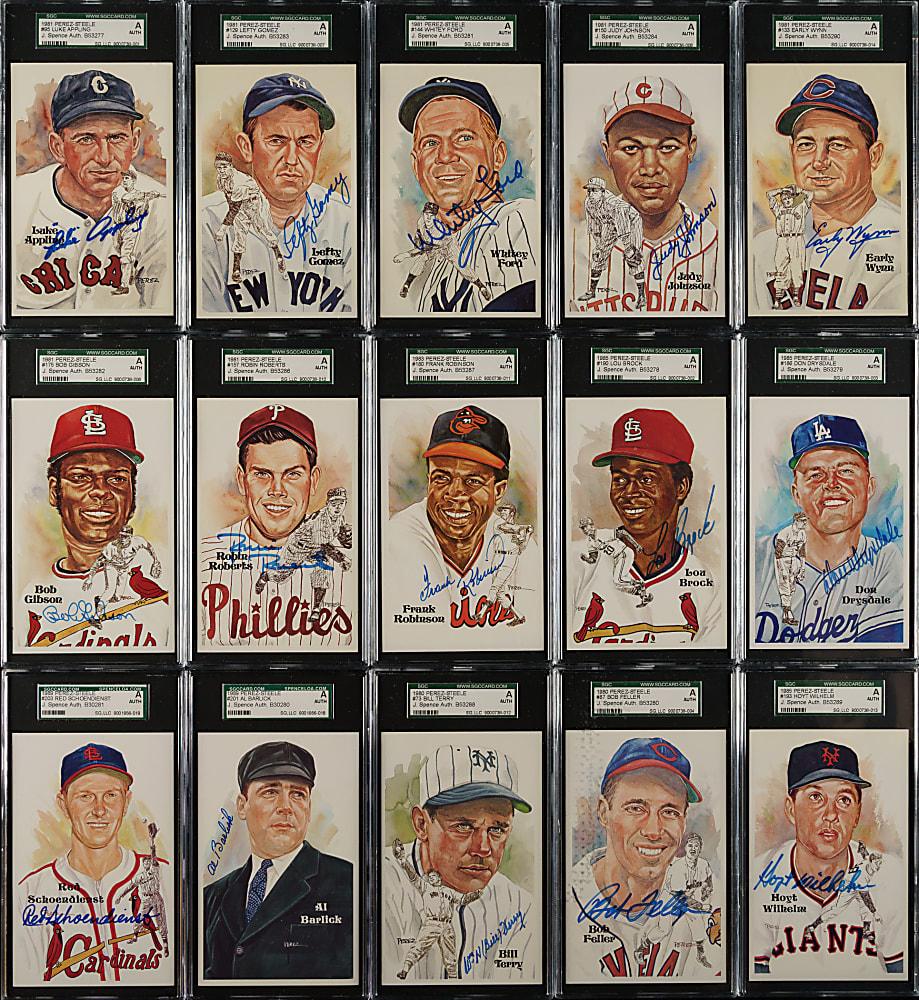 Signed 1980 to 1989 Perez-Steele Hall of Fame Postcard Collection (19) Including DiMaggio, Koufax, Mays, and Greenberg - All SGC/JSA Encapsulated!