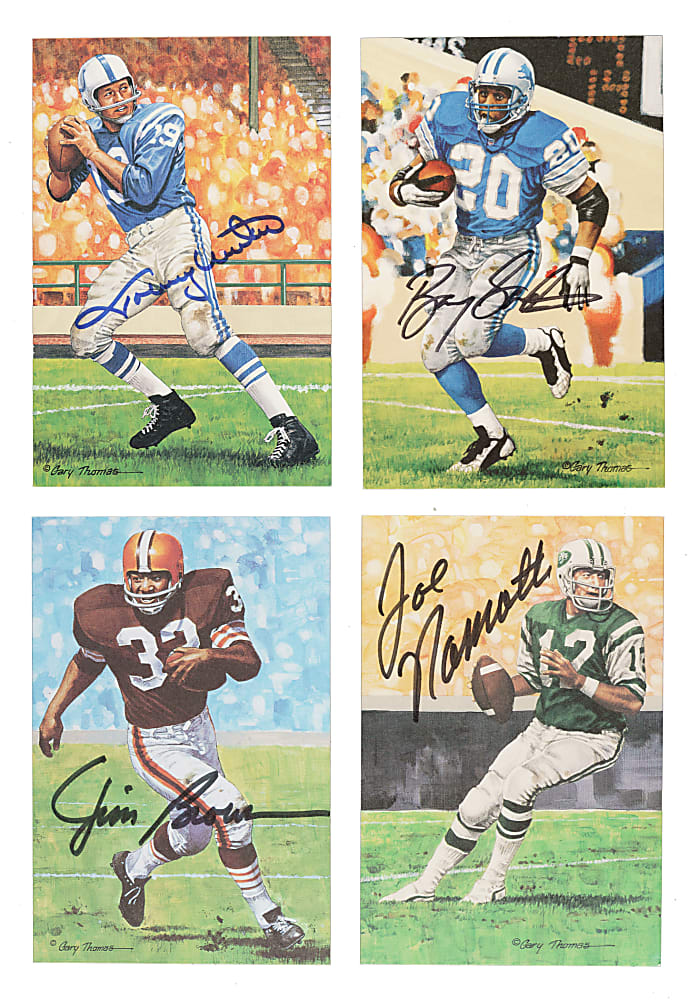 Goal Line "Pro Football Hall of Fame Art Series" Signed Card Collection (12) Including Joe Namath, Jim Brown, and Barry Sanders