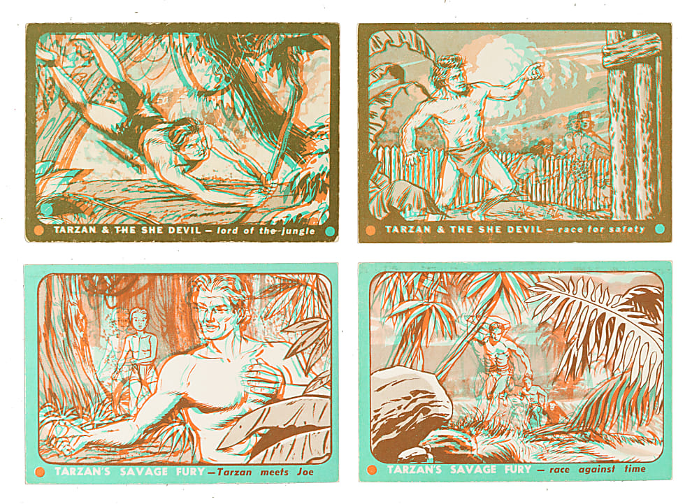1953 Topps "Tarzan's Savage Fury" and "Tarzan and the She Devil" Complete Set Pair (2 Sets, 120 Cards) Plus 3-D Viewer and Wrapper