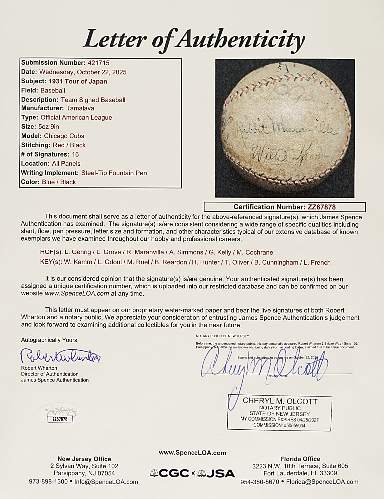 1931 Tour of Japan Team-Signed Baseball with Gehrig, Maranville, Simmons, Cochrane, and Grove - JSA