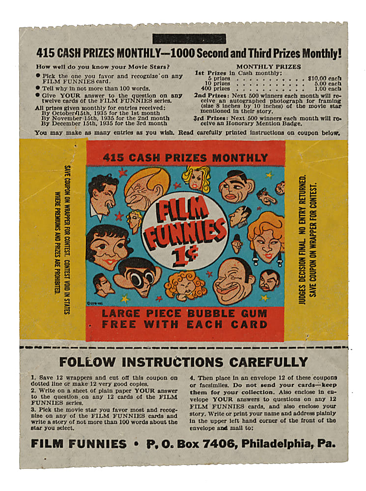 1935 R48-1 and R48-2 Gum, Inc. "Film Funnies" Complete and Partial Set Pair (2 Sets, 40 Cards) Plus Wrapper