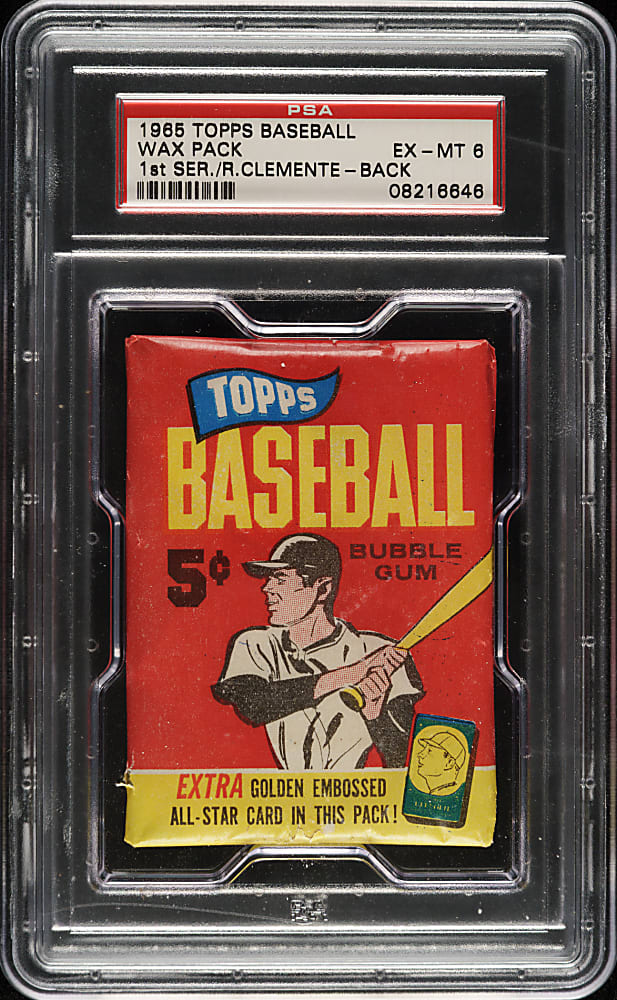 1965 Topps First Series Unopened Five-Cent Wax Pack PSA EX-MT 6 - Roberto Clemente on Back