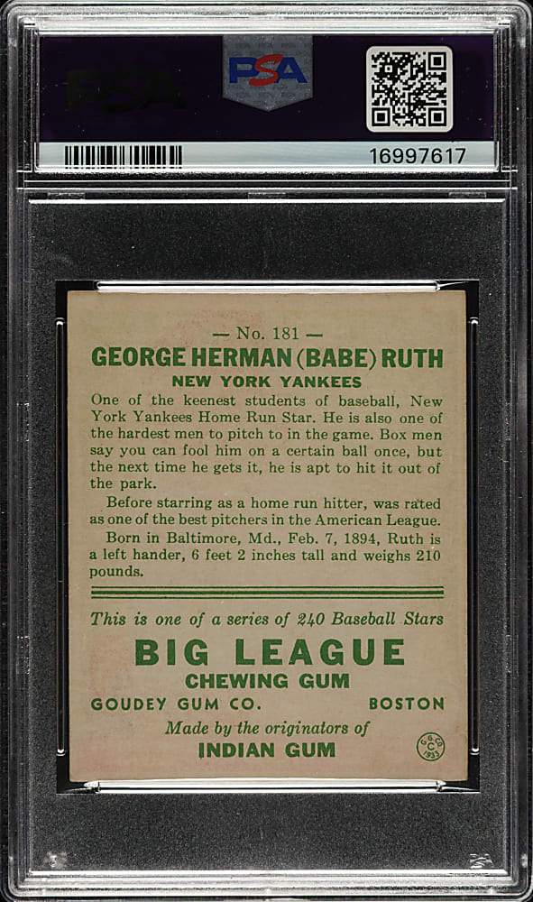 1933 R319 Goudey #181 Babe Ruth PSA EX-MT+ 6.5
