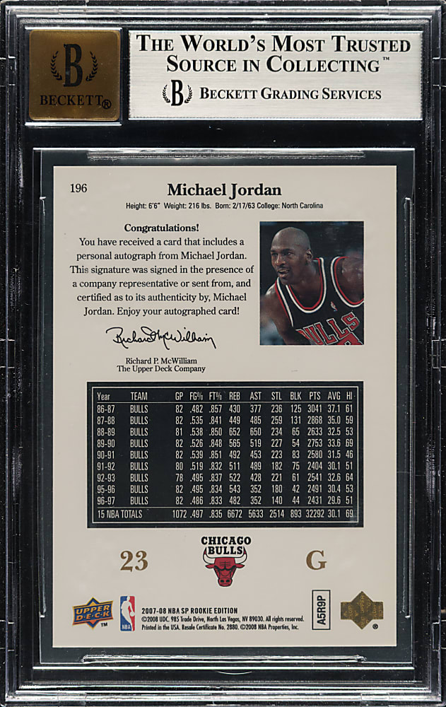 2007-2008 Upper Deck SP Rookie Edition 1998-1999 SP Autographs Basketball #196 Michael Jordan BGS MINT 9 with GEM 10 Signature