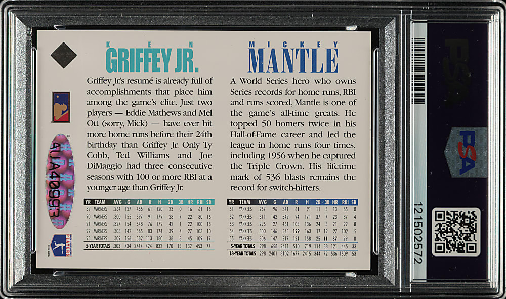 Signed 1994 Upper Deck Mickey Mantle and Ken Griffey Jr. PSA NM 7 with NM-MT 8 Signature