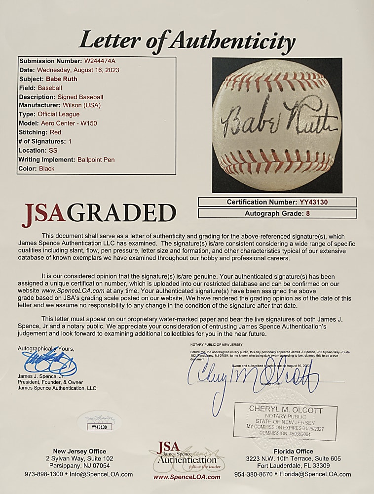 Babe Ruth Single-Signed Baseball JSA NM-MT 8