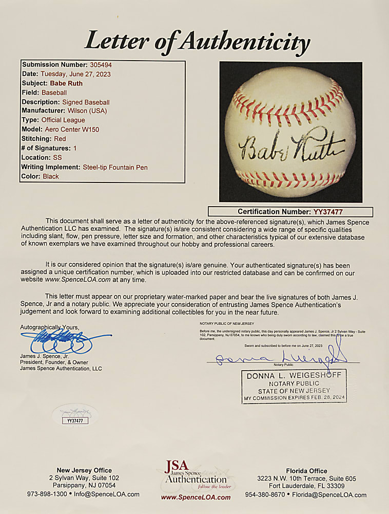 Babe Ruth Single-Signed Baseball JSA NM-MT 8