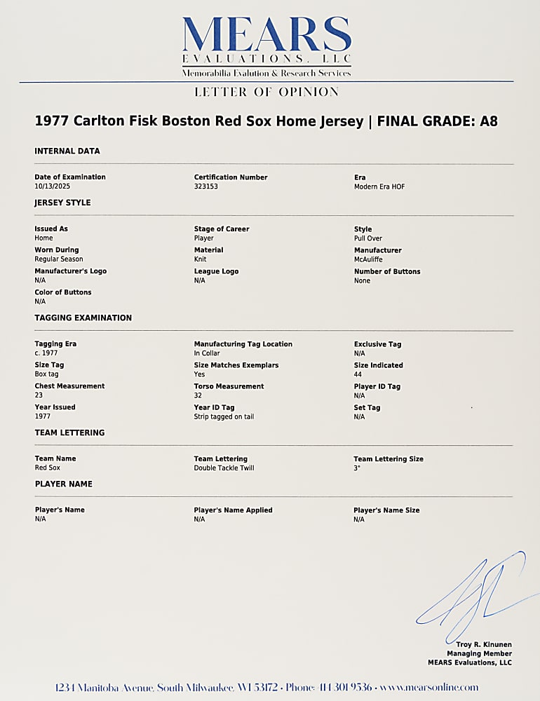 1977 Carlton Fisk Boston Red Sox Game-Used Home Jersey MEARS A8