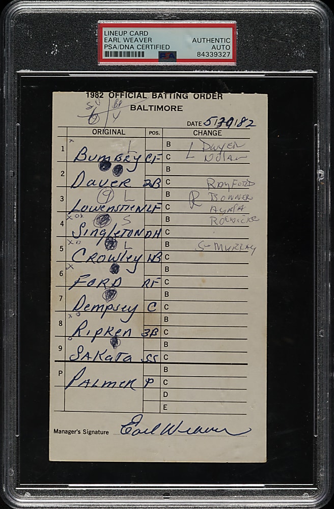 May 30, 1982 Baltimore Orioles Lineup Card from Cal Ripken Jr. First Game of Record Setting Streak Signed by Earl Weaver - PSA/DNA
