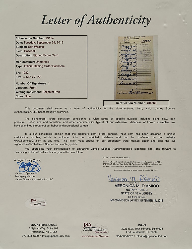 May 30, 1982 Baltimore Orioles Lineup Card from Cal Ripken Jr. First Game of Record Setting Streak Signed by Earl Weaver - PSA/DNA