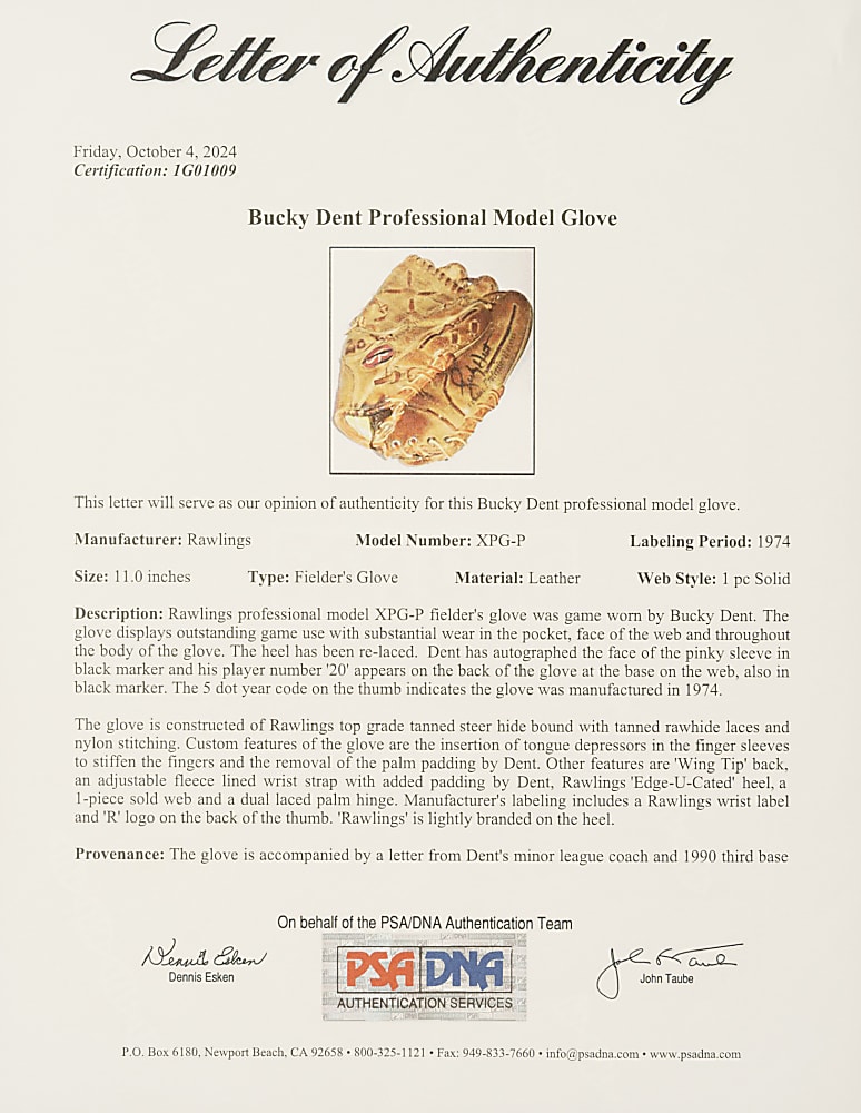 1974 Bucky Dent Chicago White Sox Signed Game-Used Glove - PSA/DNA - New York Yankees Coach's Provenance