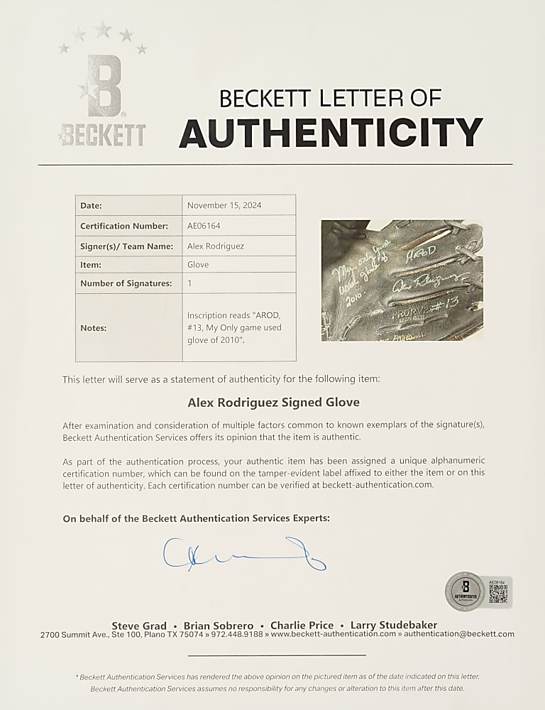 2010 Alex Rodriguez New York Yankees Signed Game-Used Glove - Photomatched to 62 Games Including 600th Home Run