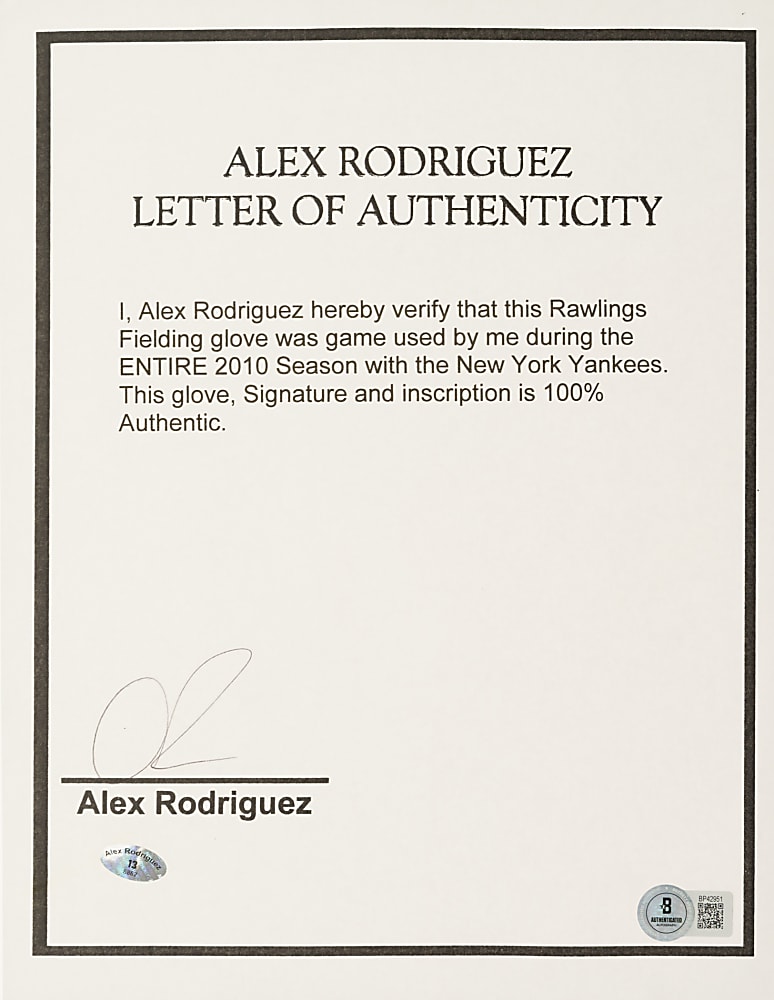 2010 Alex Rodriguez New York Yankees Signed Game-Used Glove - Photomatched to 62 Games Including 600th Home Run