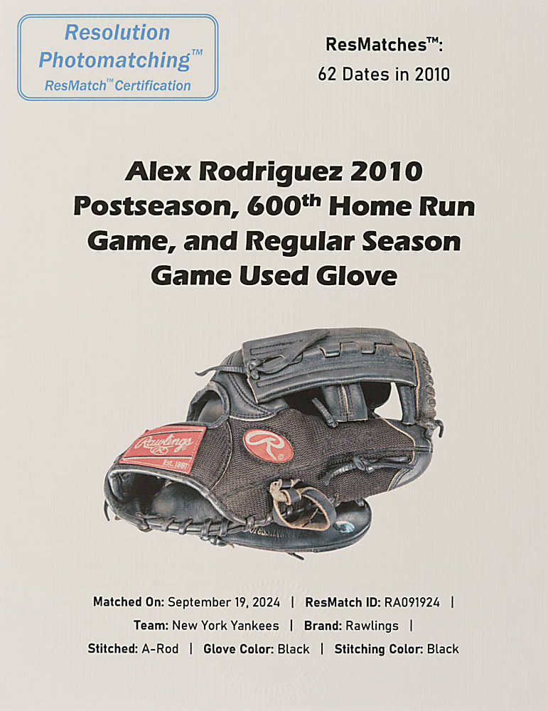 2010 Alex Rodriguez New York Yankees Signed Game-Used Glove - Photomatched to 62 Games Including 600th Home Run