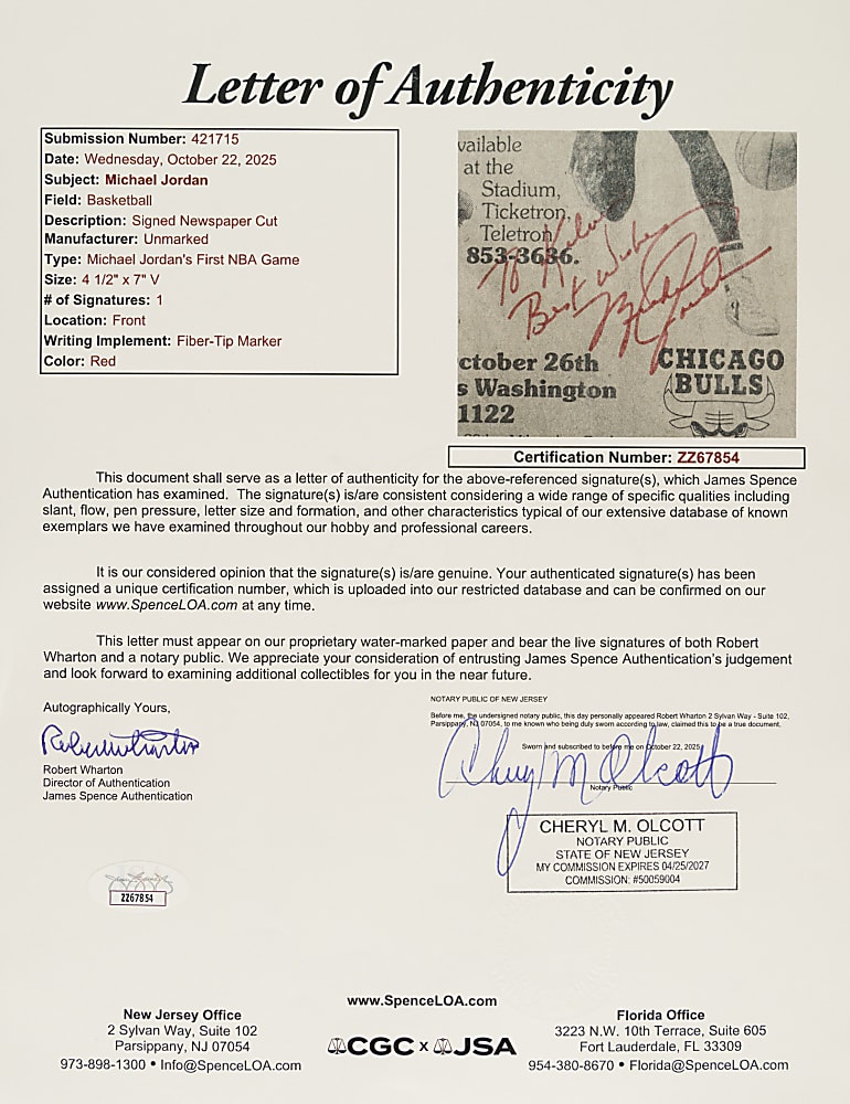 Michael Jordan Signed Cut- JSA