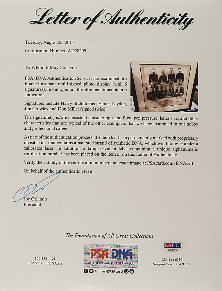 Notre Dame "Four Horsemen" Signed Photograph - PSA/DNA