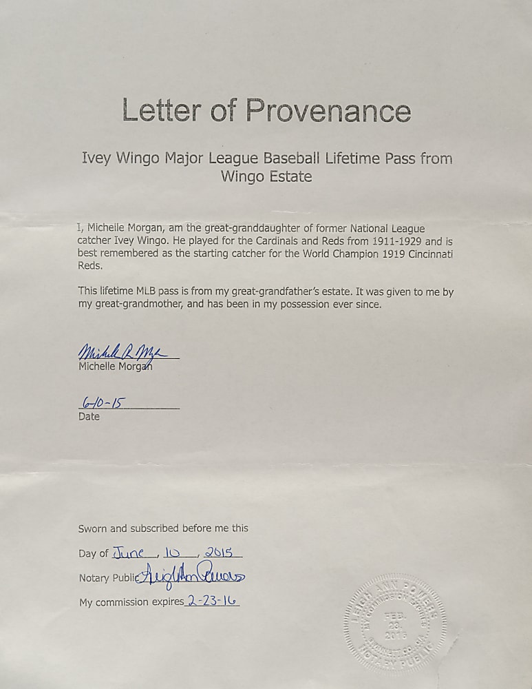 Ivey Wingo Major League Lifetime Silver Pass with Original Presentation Box - Direct Family Provenance!