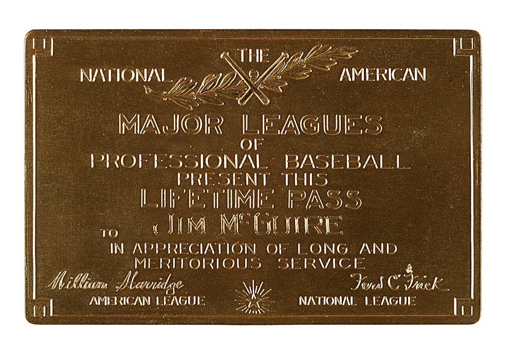 Rare Gold 1936 Major League Lifetime Pass Issued to James "Deacon" McGuire