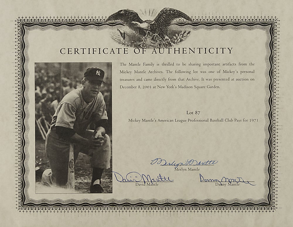 1971 Mickey Mantle American League Season Pass (Ex-Mantle Estate)