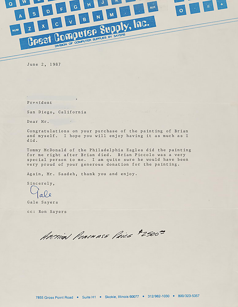 Brian Piccolo and Gale Sayers Original Artwork by Tommy McDonald - Letter of Provenance From Gale Sayers