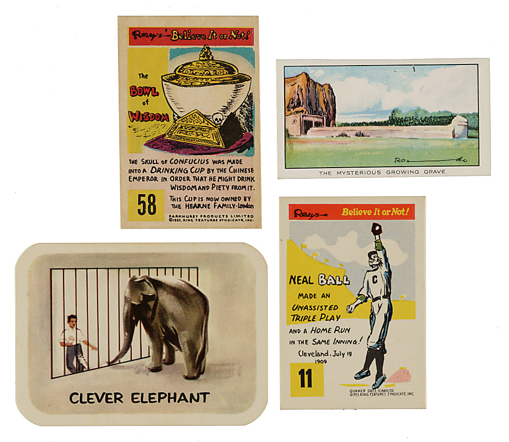 1934 to 1958 Carreras, Parkhurst, Quaker Oats, and Vita-Brits "Ripley's Believe It or Not" Complete and Near-Complete Set Collection (4 Sets, 229 Cards) Plus Wrapper and Six Milk Dud Complete Boxes