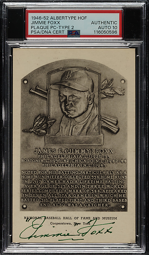 Signed 1946-1952 Albertype (Type 2) Black-and-White Hall of Fame Postcard Jimmie Foxx PSA/DNA GEM MINT 10