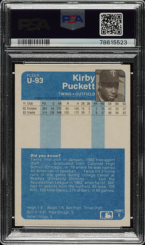 Signed 1984 Fleer Update #U-93 Kirby Puckett Rookie - PSA/DNA