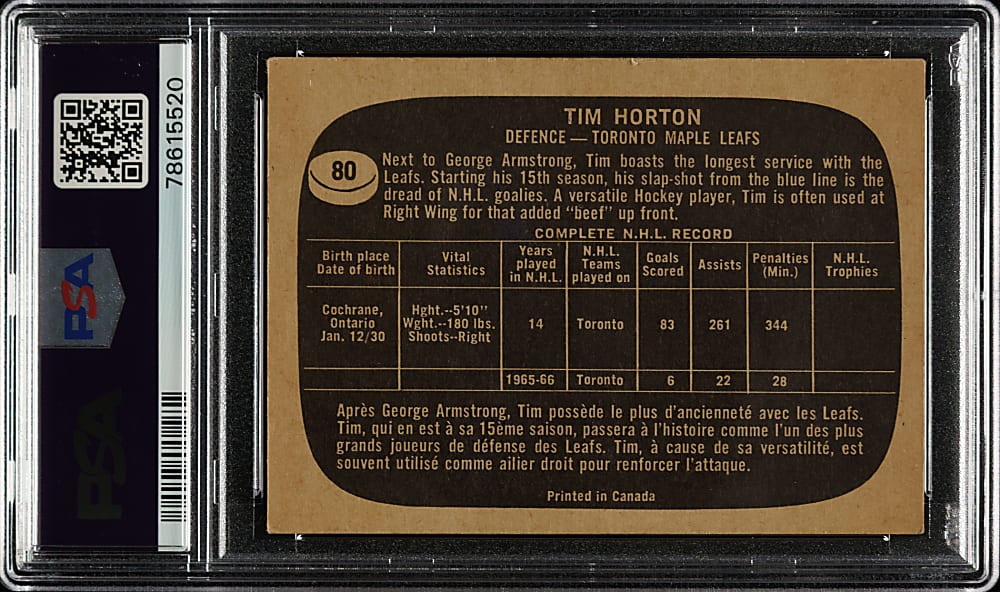Signed 1966-1967 Topps Hockey #80 Tim Horton - PSA/DNA - The Only PSA-Graded Example!