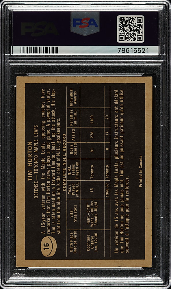 Signed 1967-1968 Topps Hockey #16 Tim Horton - PSA/DNA - The Only PSA-Graded Example!