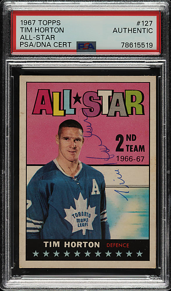 Signed 1967-1968 Topps Hockey #127 Tim Horton All-Star - PSA/DNA - The Only PSA-Graded Example!