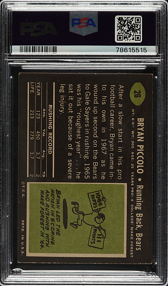 Signed 1969 Topps Football #26 Brian Piccolo Rookie - PSA/DNA