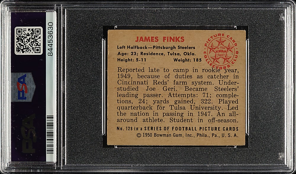 Signed 1950 Bowman Football #128 Jim Finks Rookie - PSA/DNA