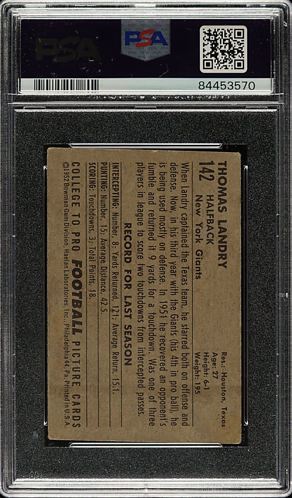 Signed 1952 Bowman Small Football #142 Tom Landry  - PSA/DNA