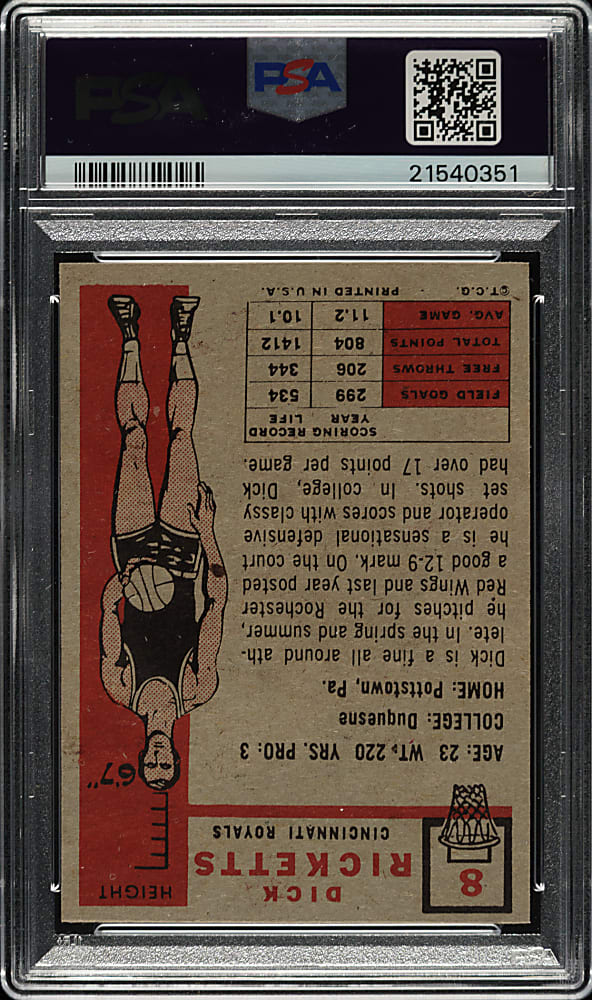 1957-1958 Topps Basketball #8 Dick Ricketts PSA NM-MT 8