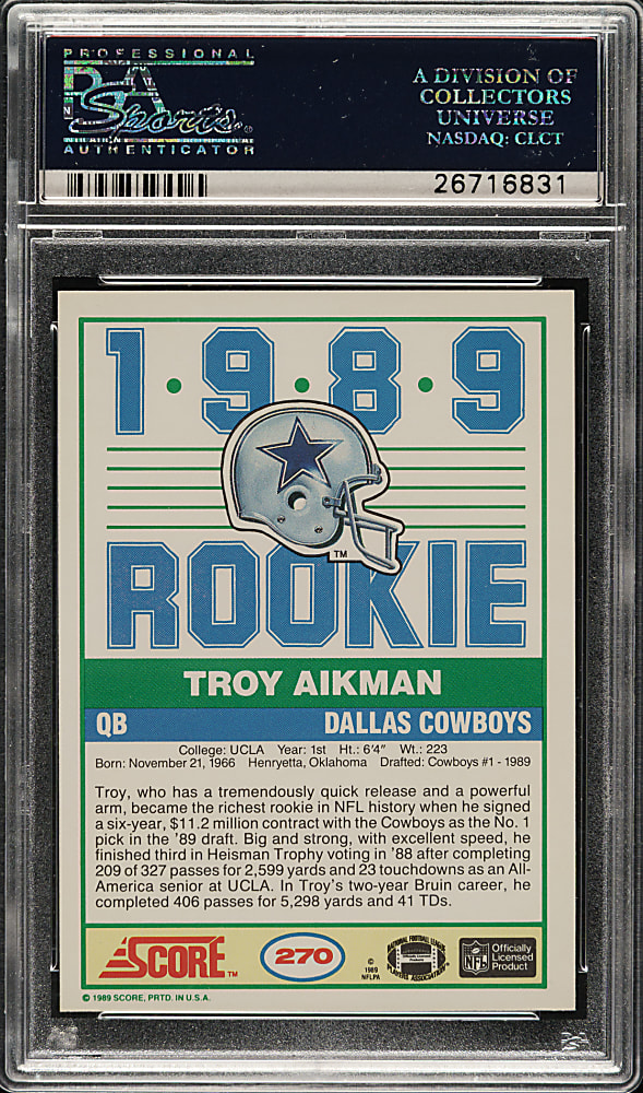 1989 Score Football #270 Troy Aikman Rookie PSA GEM MINT 10