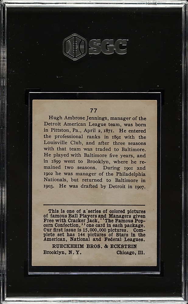 1914 E145 Cracker Jack #77 Hughie Jennings SGC EX 5