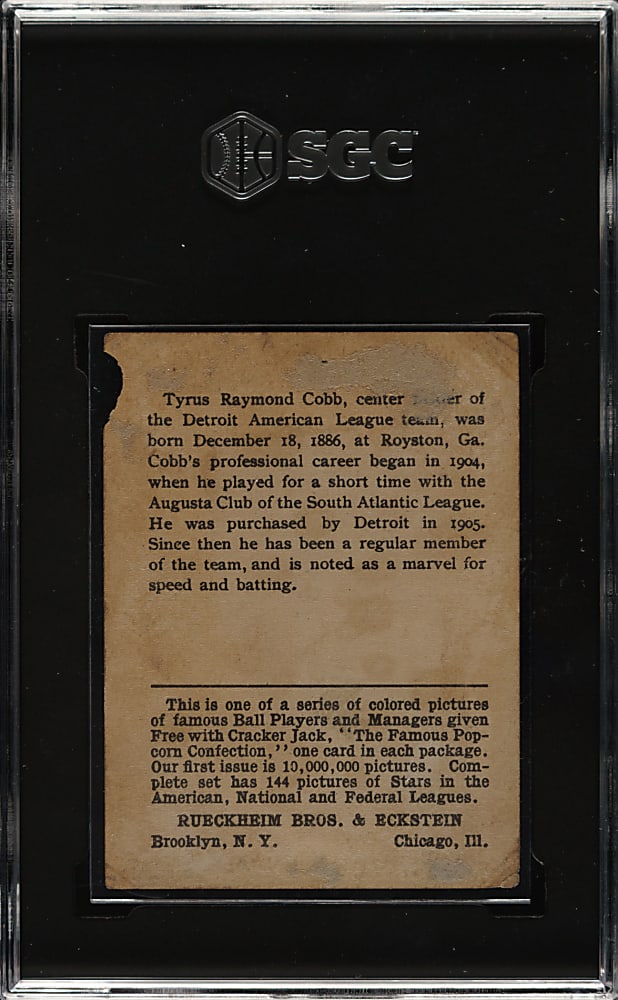 1914 E145 Cracker Jack #30 Ty Cobb SGC POOR 1