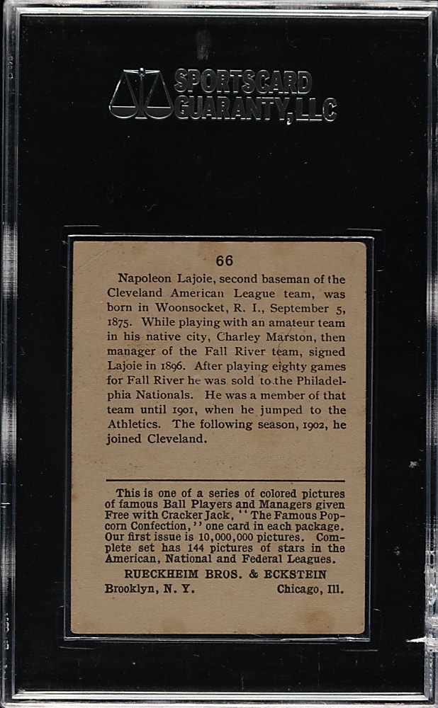 1914 E145 Cracker Jack #66 Nap Lajoie SGC VG+ 3.5