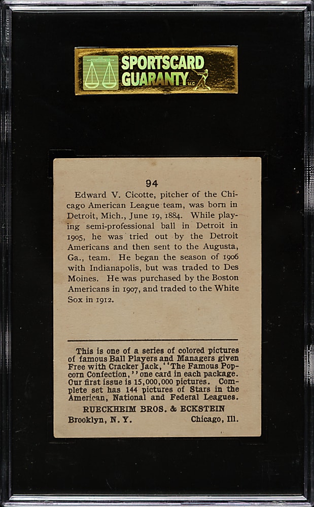 1914 E145 Cracker Jack #94 Eddie Cicotte SGC VG/EX 50
