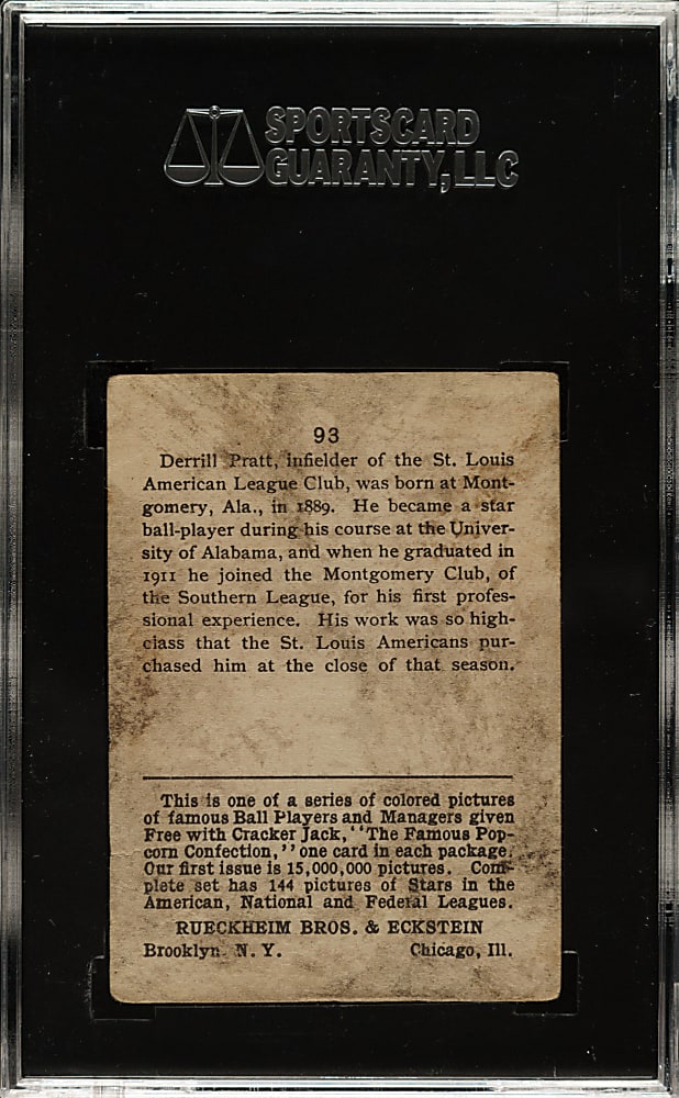 1914 E145 Cracker Jack #93 Derrill Pratt SGC FAIR 20