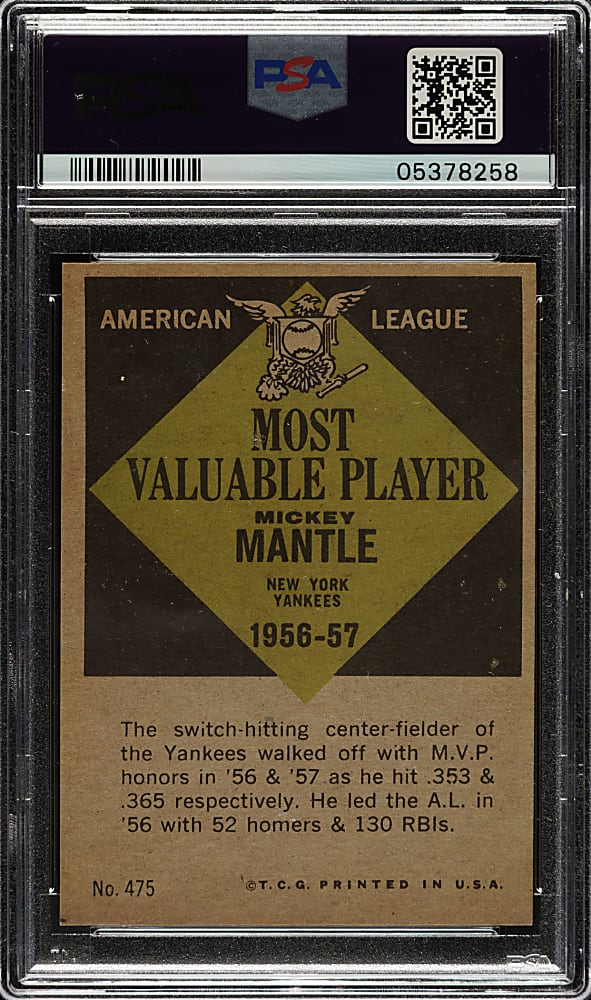 1961 Topps #475 Mickey Mantle MVP PSA NM-MT 8