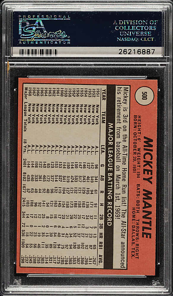 1969 Topps #500 Mickey Mantle PSA NM-MT 8