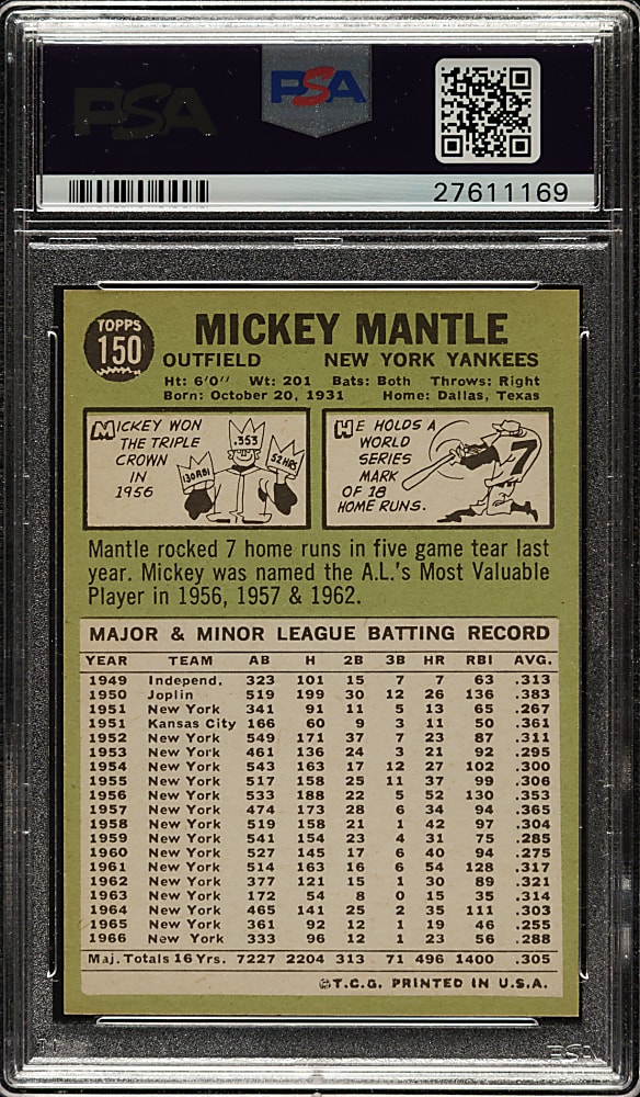 1967 Topps #150 Mickey Mantle PSA NM-MT 8