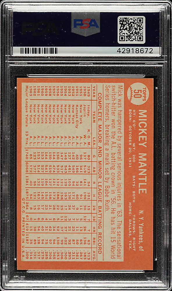1964 Topps #50 Mickey Mantle PSA NM-MT 8