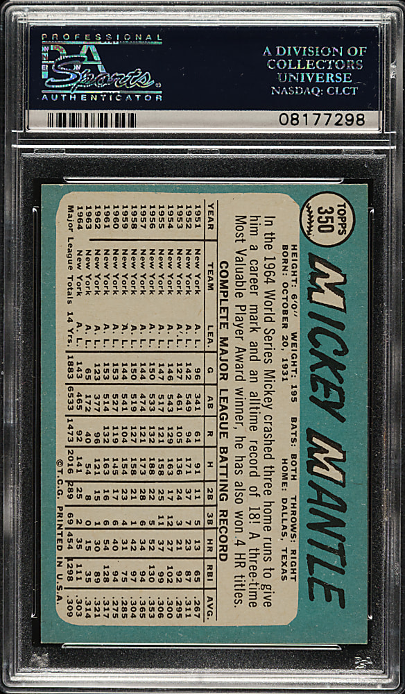 1965 Topps #350 Mickey Mantle PSA NM-MT 8