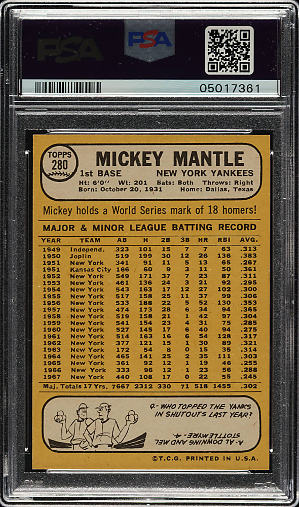 1968 Topps #280 Mickey Mantle PSA NM-MT 8